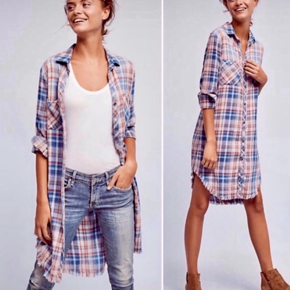 Cloth & Stone Plaid Long Sleeve Dress - Blue and Pink